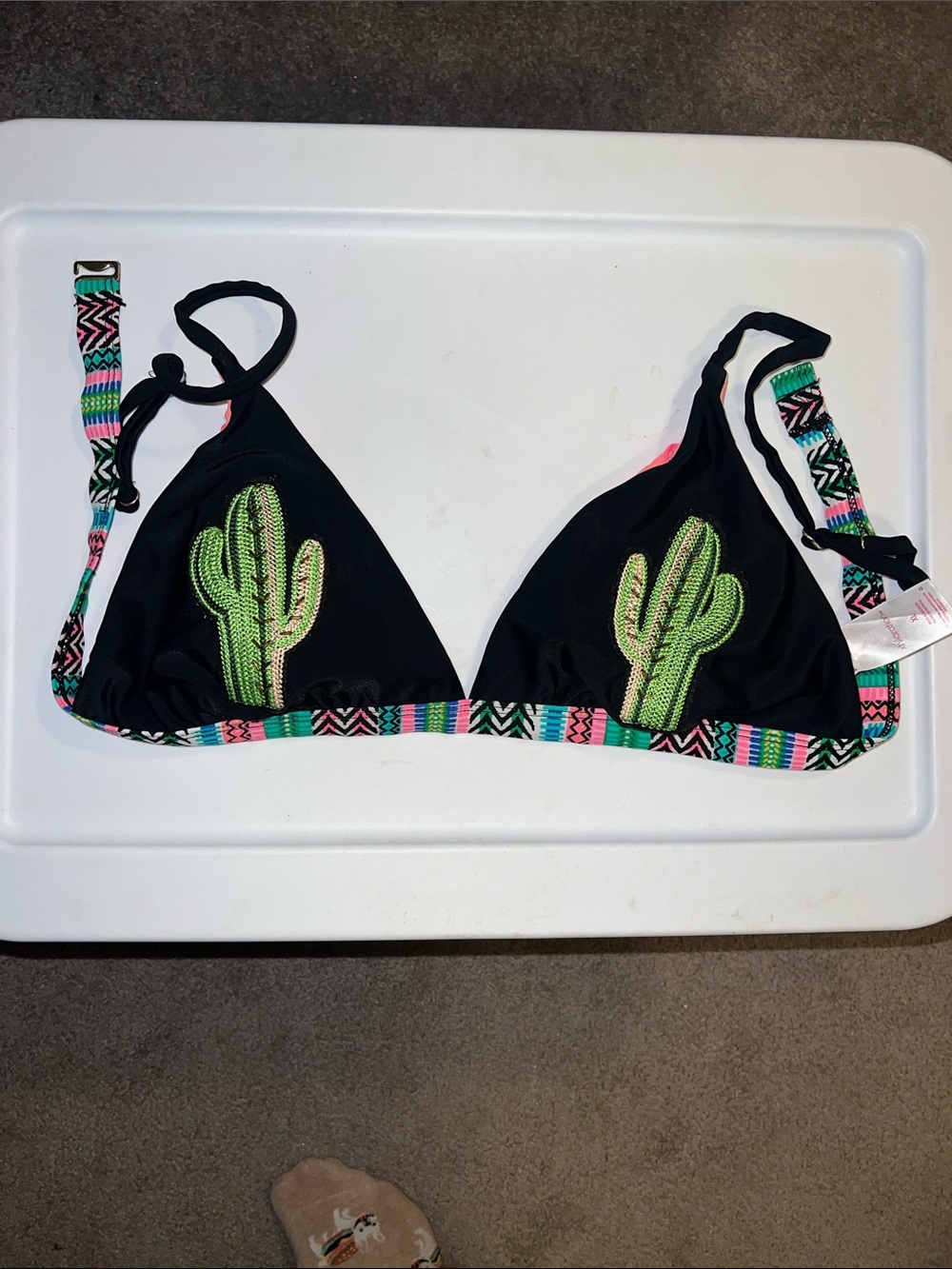 Black Triangle Bikini Top with Green Cactus Patches